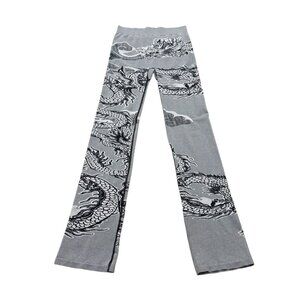 Y2K LAPP Dragon Print Flare Leggings Grey Black Stretch Alt Grunge Cyber